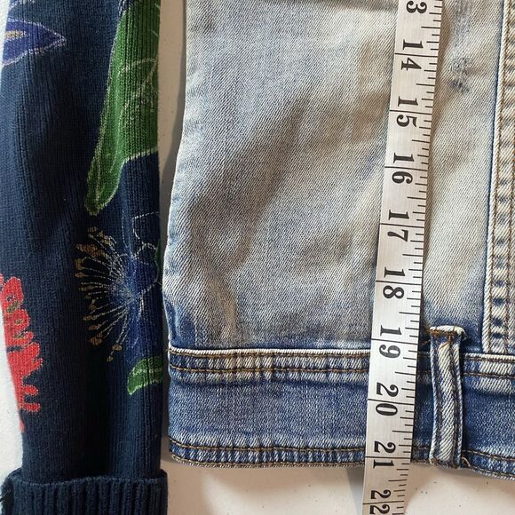 DESIGUAL Denim Jacket Womens EU 36 (US 6) Designer Artistic Knit Sleeve Boho - Picture 8 of 13